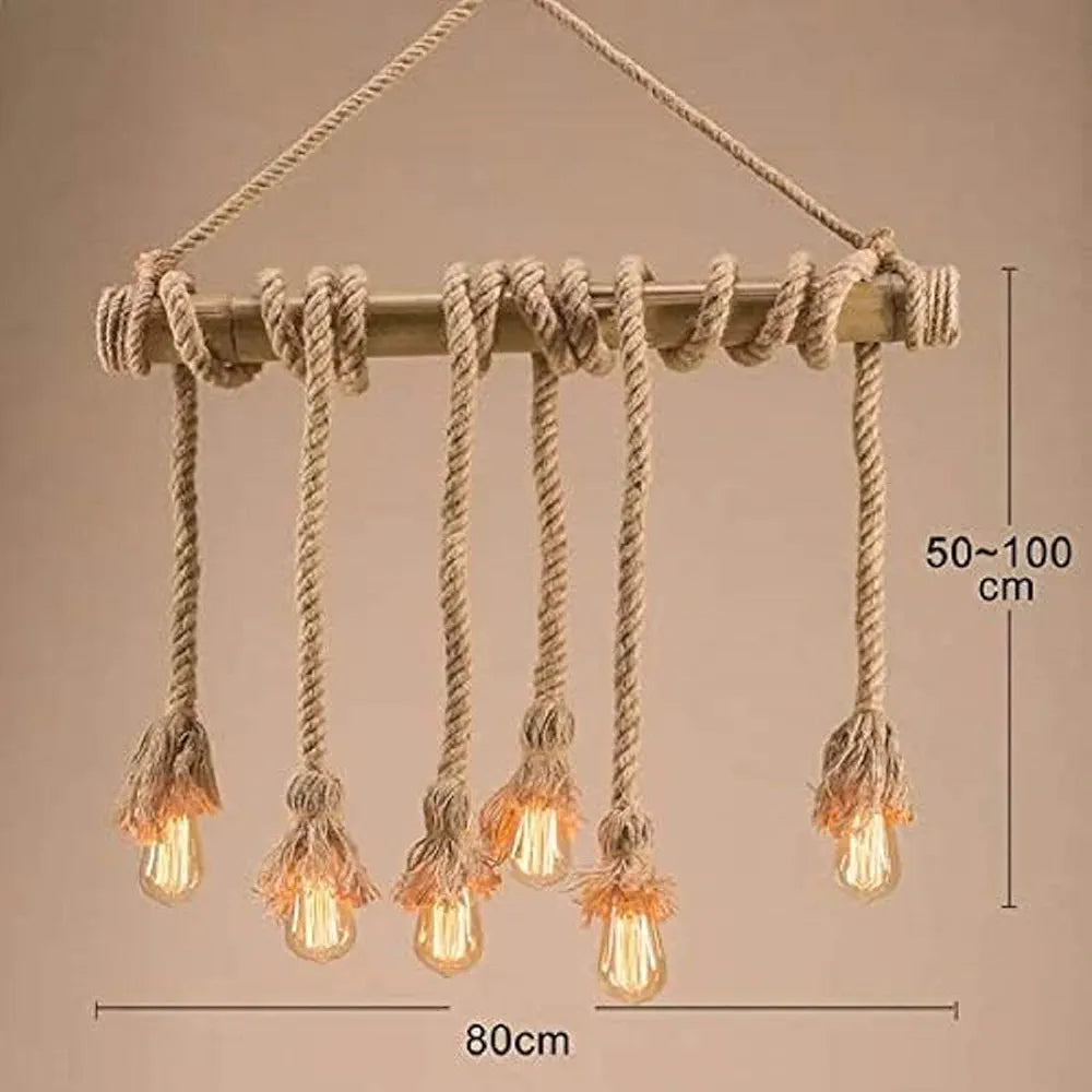 Hemp Rope Bamboo 6 Light Vintage Hanging Lamp Pendant Light