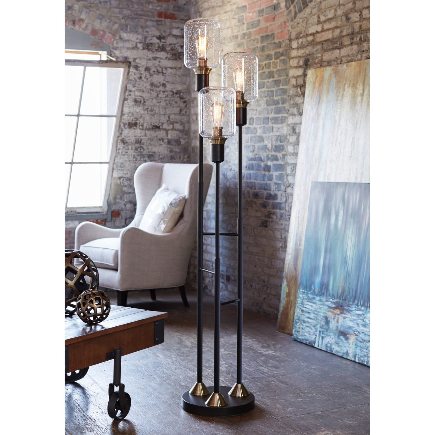 3 Lights 70" Black-Bronze Glass Seeded Glass Floor Lamp