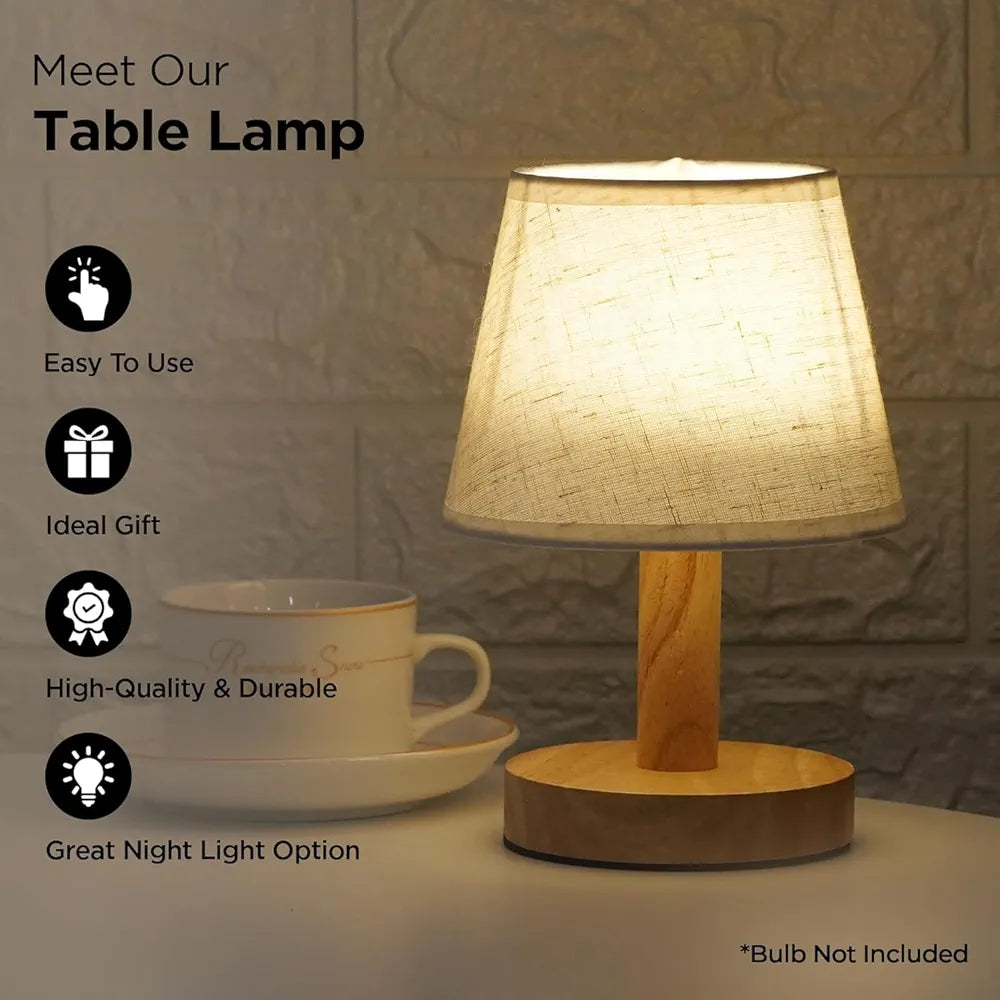 Set of 2 Wooden Natural Table Lamp with Fabric Shade