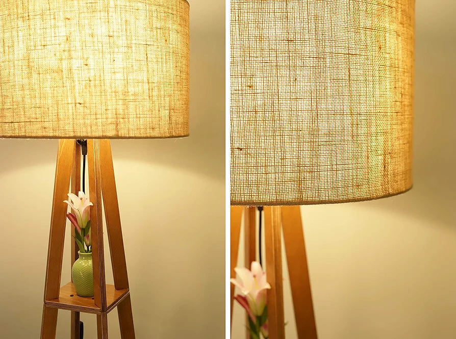 Wooden Floor Lamp with Shelf (Natural Jute). LED Bulb Included