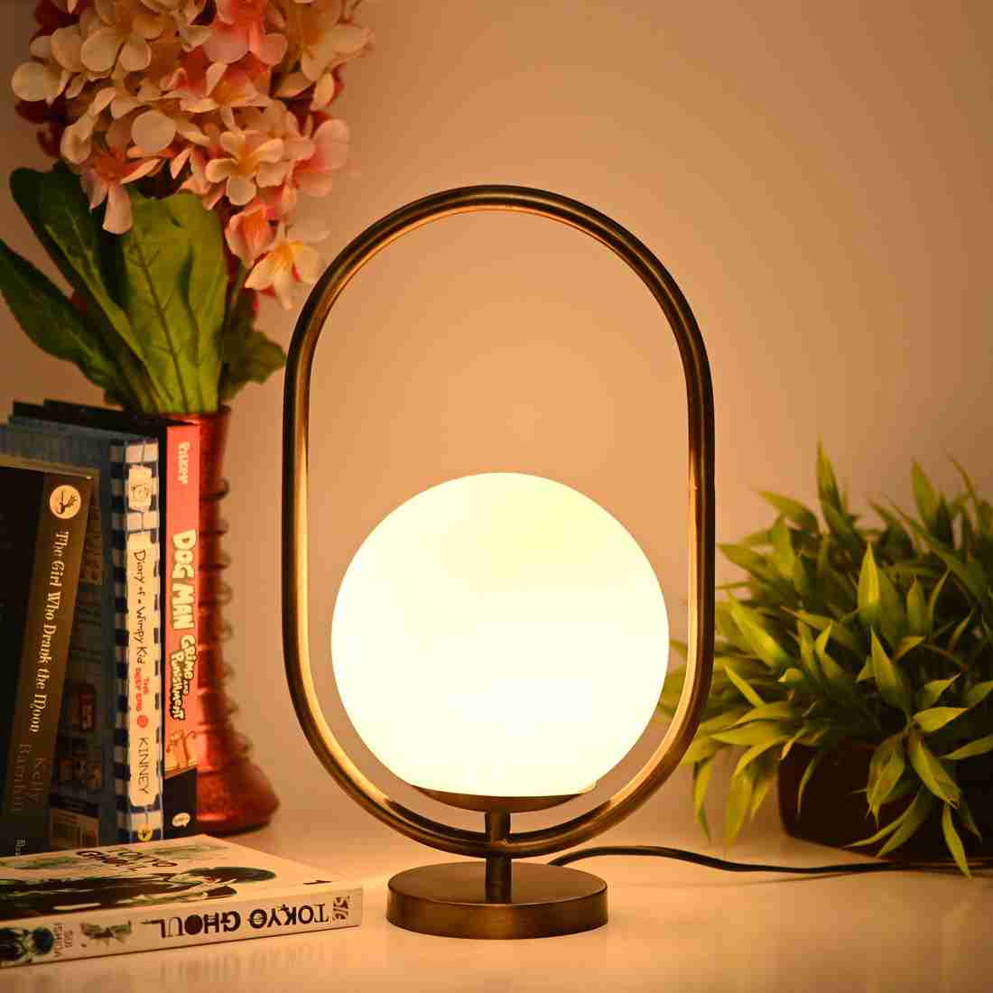 Set of 2 Oval Shape Table Lamps with Glass Shades