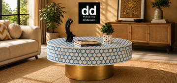 round blue-and-white geometric inlay coffee table