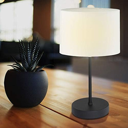 Standard Metal Stick Table Lamp with Round Base and Drum Fabric Shade