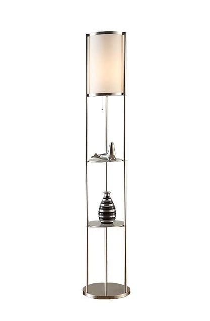 Modern Design, 63-Inch Brushed Steel Finish Durable Glass Display Shelf Floor Lamp with Smooth Silk Shade