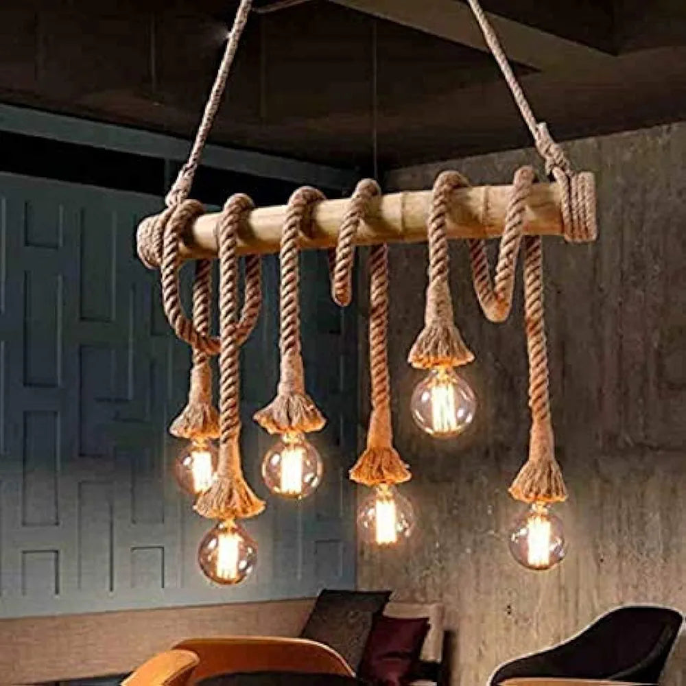 Hemp Rope Bamboo 6 Light Vintage Hanging Lamp Pendant Light