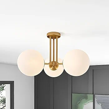 Olivier 23.5 in. 3-Light Brass Gold Bohemian Farmhouse Iron/Frosted Glass LED Semi Flush Mount, White