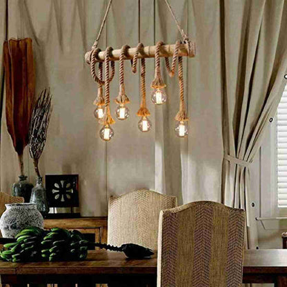 Hemp Rope Bamboo 6 Light Vintage Hanging Lamp Pendant Light