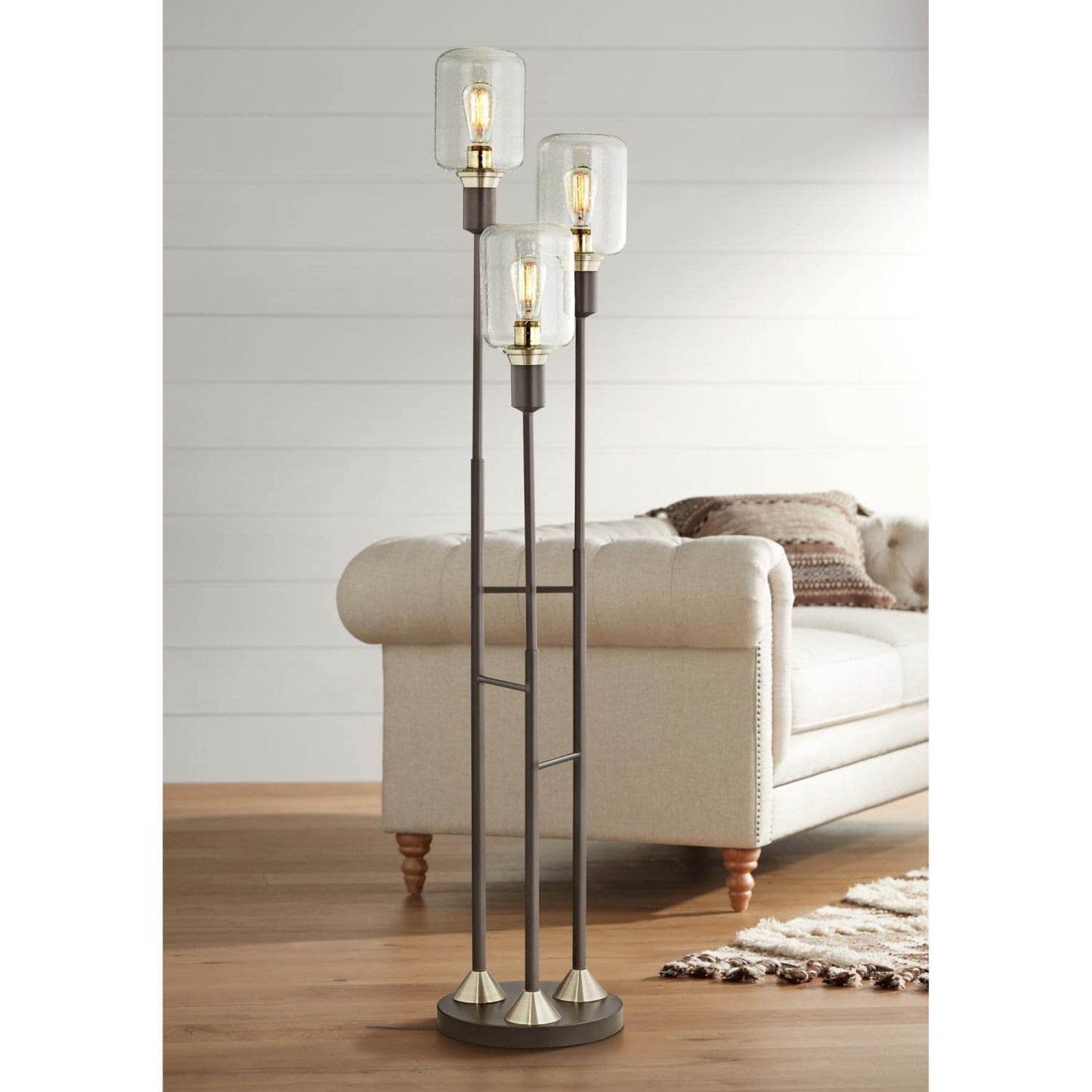 3 Lights 70" Black-Bronze Glass Seeded Glass Floor Lamp
