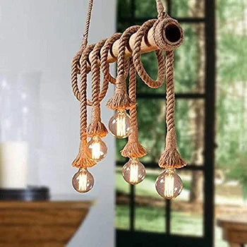 Hemp Rope Bamboo 6 Light Vintage Hanging Lamp Pendant Light