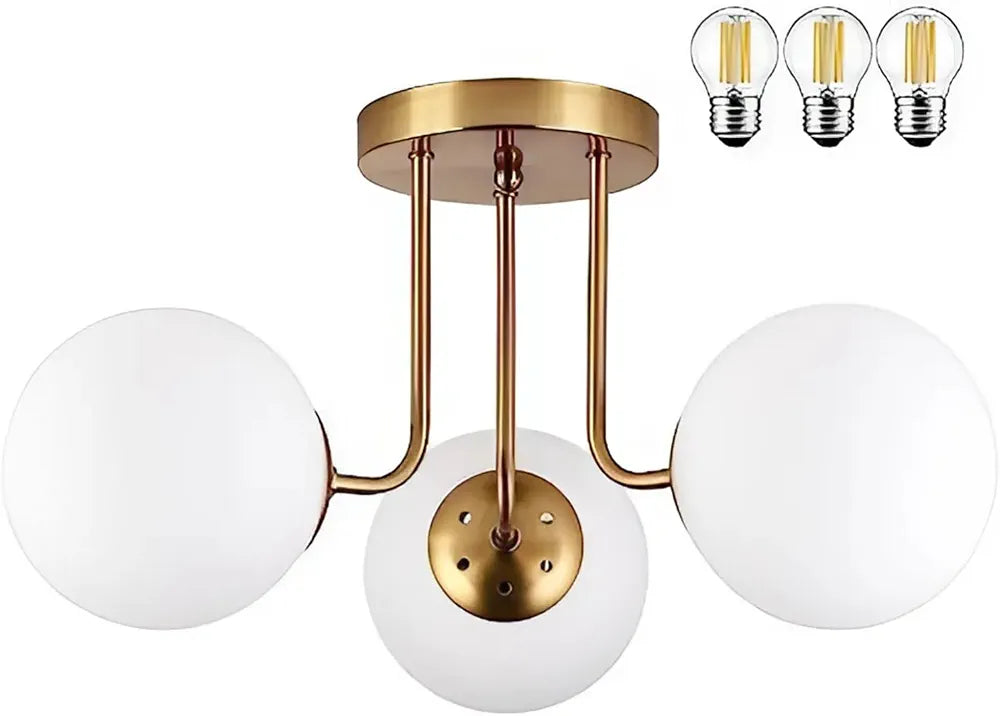 Olivier 23.5 in. 3-Light Brass Gold Bohemian Farmhouse Iron/Frosted Glass LED Semi Flush Mount, White