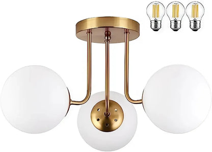 Olivier 23.5 in. 3-Light Brass Gold Bohemian Farmhouse Iron/Frosted Glass LED Semi Flush Mount, White