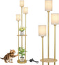 Modern Floor Lamp with Shelves, Gold Floor Lamp with Fabric Shade and Foot Switch