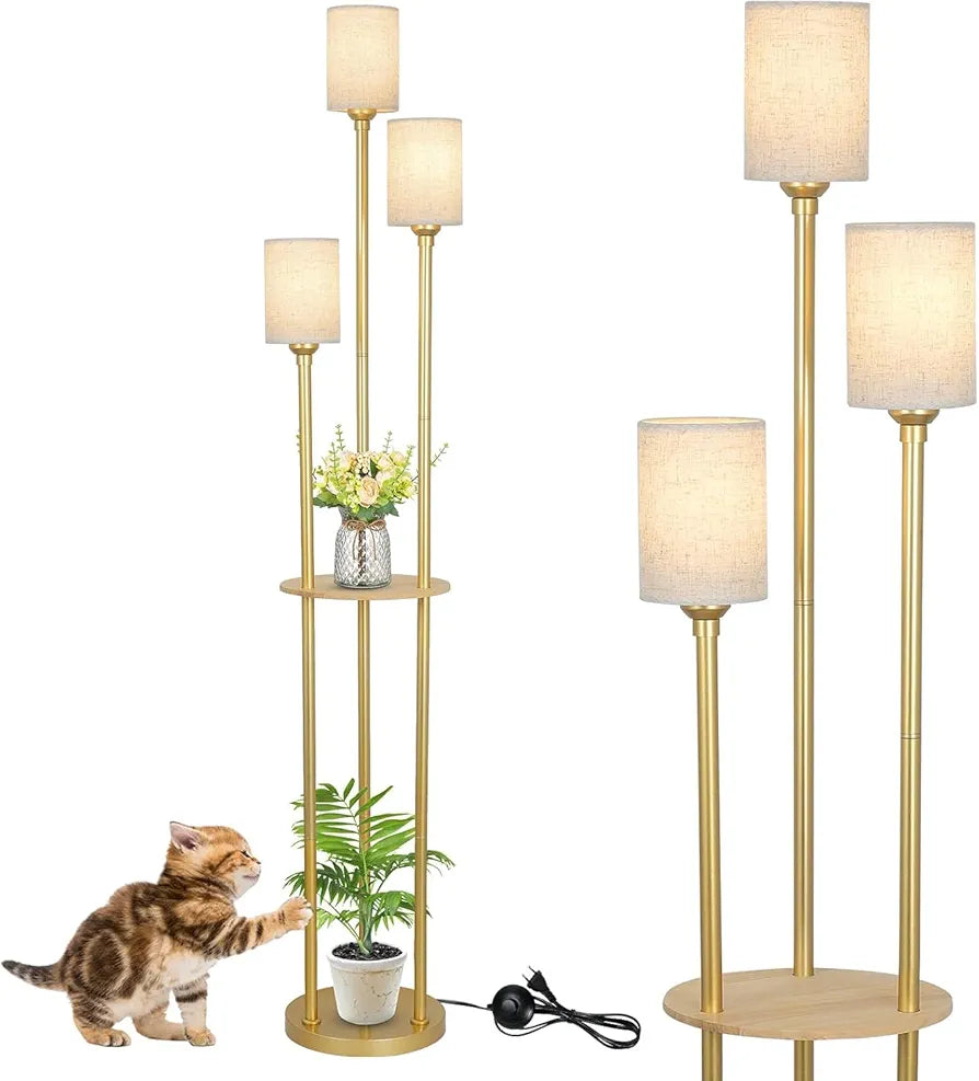 Modern Floor Lamp with Shelves, Gold Floor Lamp with Fabric Shade and Foot Switch