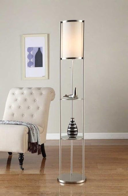 Modern Design, 63-Inch Brushed Steel Finish Durable Glass Display Shelf Floor Lamp with Smooth Silk Shade