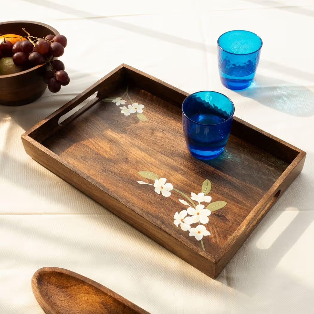 Dim & Dense Premium Walnut Wooden Rectangular Decorative Tray | 12 x 15 Inch | Enamel Finish