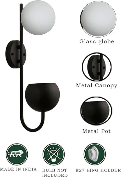 Black & White Metal Wall Lamp With Storage Planter