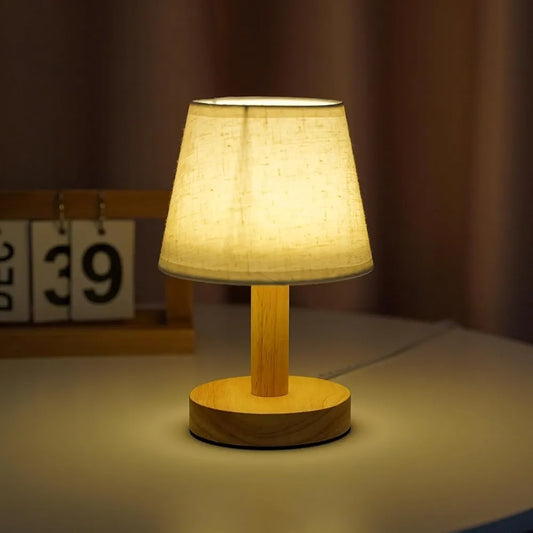 Set of 2 Wooden Natural Table Lamp with Fabric Shade