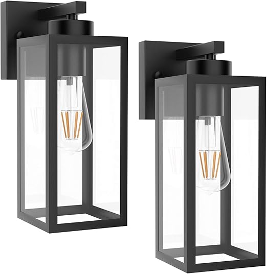 Outdoor Wall Lantern 2 Pack Black Exterior Wall Sconce with Clear Glass Shade Wall Mount Lights