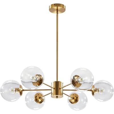 Sputnik Chandelier, Brushed Brass Gold Antique Finish, 6 Clear Glass Globe Shades