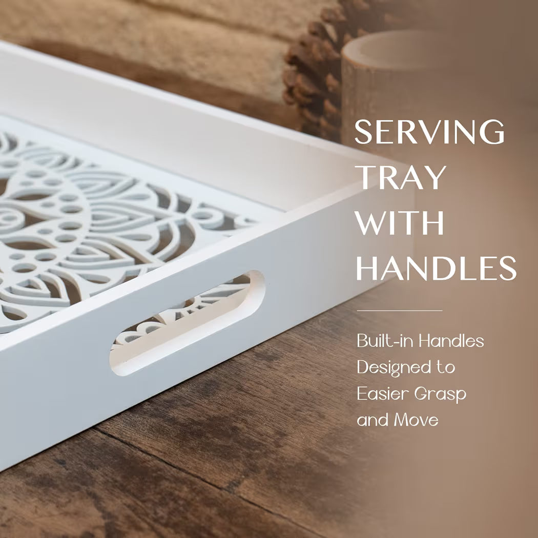 Dim & Dense Premium White MDF Rectangular Decorative Tray | 12 x 15 Inch | Laser Cut Design