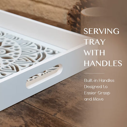 Dim & Dense Premium White MDF Rectangular Decorative Tray | 12 x 15 Inch | Laser Cut Design