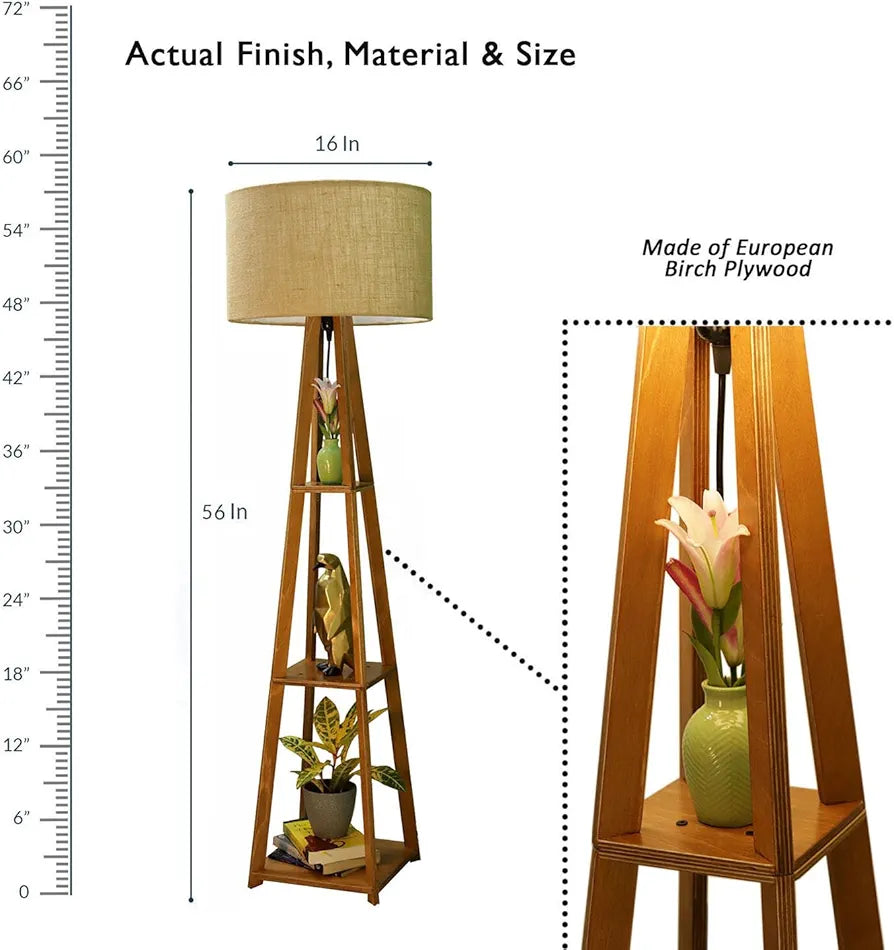 Wooden Floor Lamp with Shelf (Natural Jute). LED Bulb Included