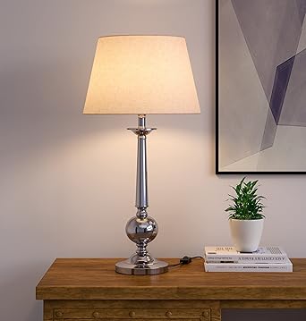 Stylish Silver Table Lamp Bedroom Off White 12 inches Lampshade