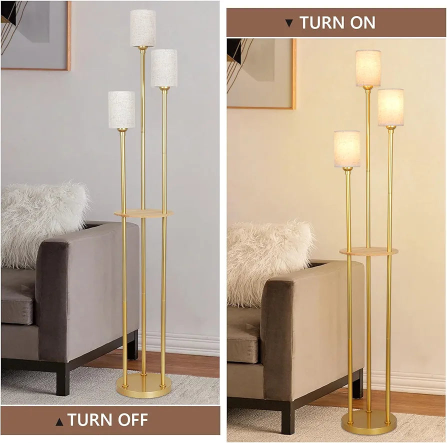 Modern Floor Lamp with Shelves, Gold Floor Lamp with Fabric Shade and Foot Switch
