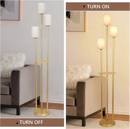 Modern Floor Lamp with Shelves, Gold Floor Lamp with Fabric Shade and Foot Switch