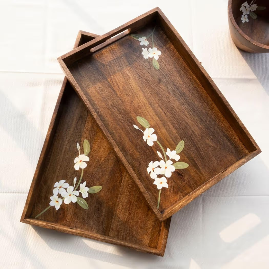 Dim & Dense Premium Walnut Wooden Rectangular Decorative Tray | 12 x 15 Inch | Enamel Finish