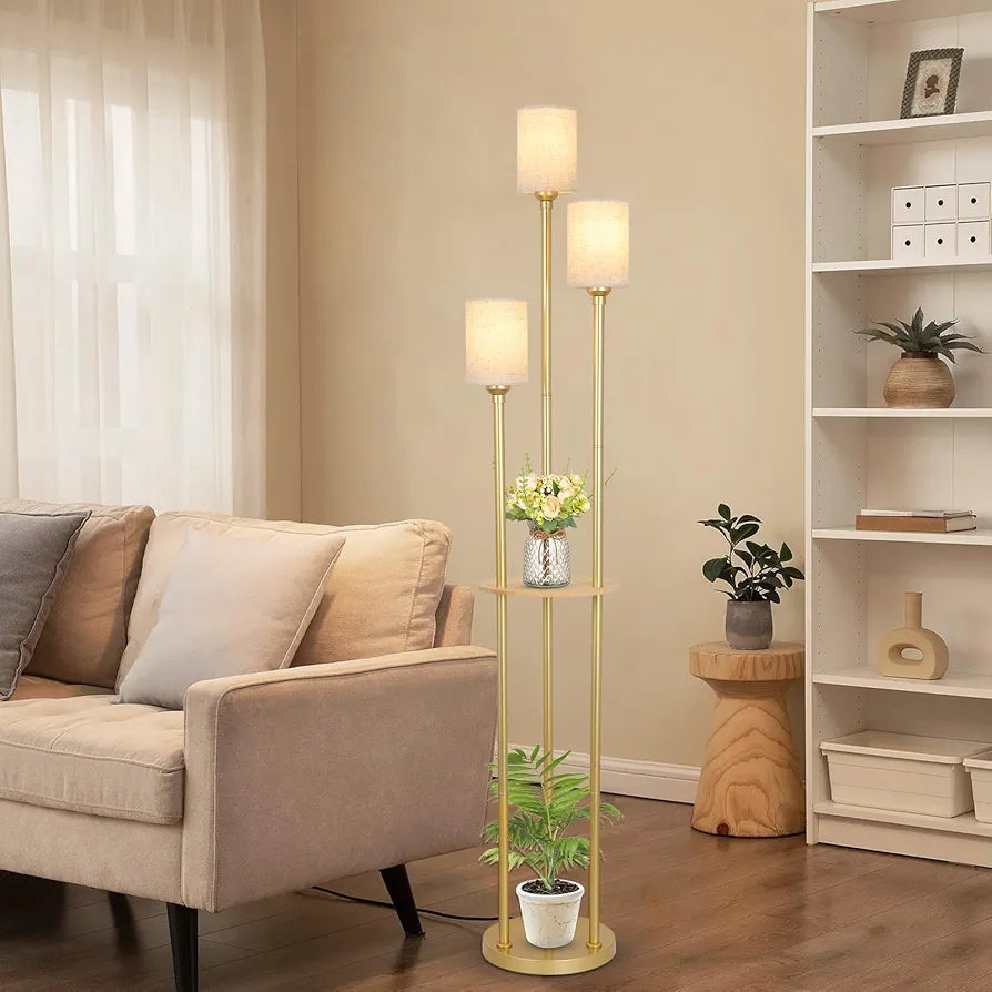Modern Floor Lamp with Shelves, Gold Floor Lamp with Fabric Shade and Foot Switch