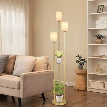 Modern Floor Lamp with Shelves, Gold Floor Lamp with Fabric Shade and Foot Switch