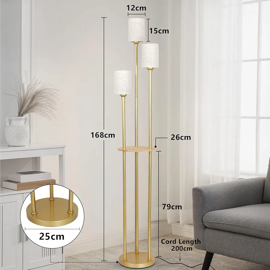 Modern Floor Lamp with Shelves, Gold Floor Lamp with Fabric Shade and Foot Switch