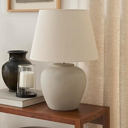 Light Grey Metal Pot Table Lamp for Bedroom, Living Room