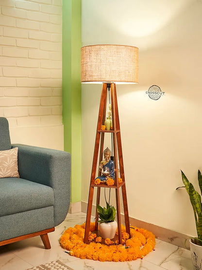Wooden Floor Lamp with Shelf (Natural Jute). LED Bulb Included