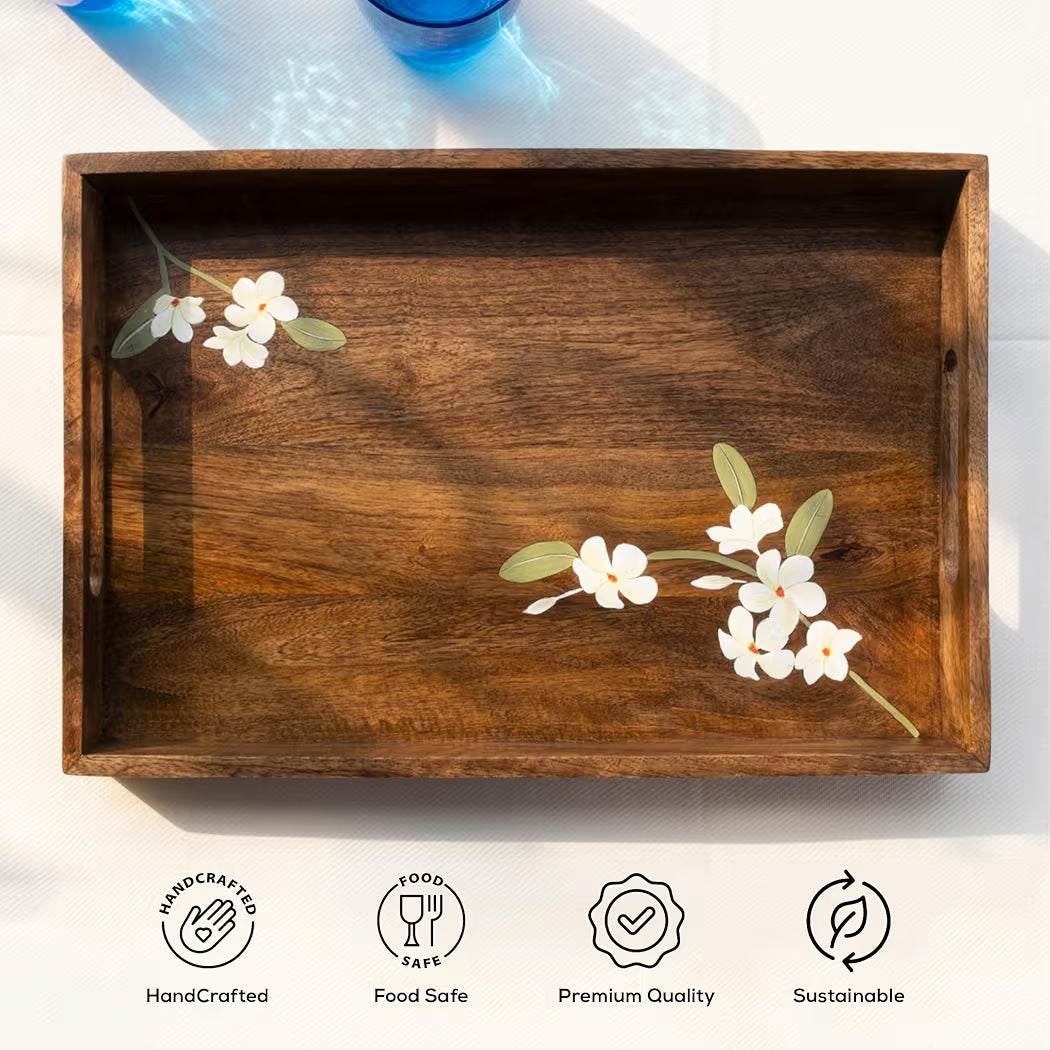 Dim & Dense Premium Walnut Wooden Rectangular Decorative Tray | 12 x 15 Inch | Enamel Finish