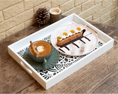 Dim & Dense Premium White MDF Rectangular Decorative Tray | 12 x 15 Inch | Laser Cut Design