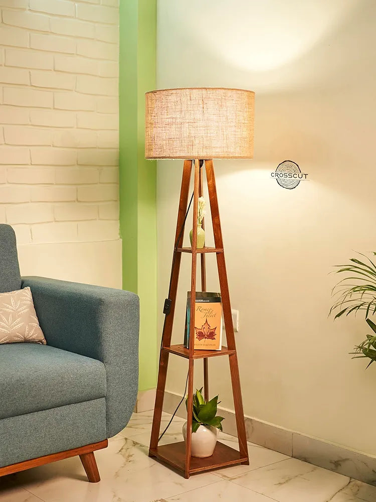 Wooden Floor Lamp with Shelf (Natural Jute). LED Bulb Included