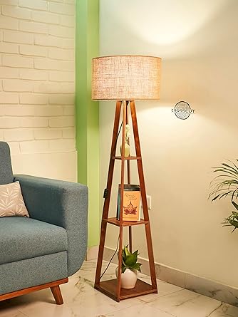 Wooden Floor Lamp with Shelf (Natural Jute). LED Bulb Included
