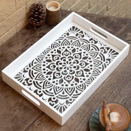 Dim & Dense Premium White MDF Rectangular Decorative Tray | 12 x 15 Inch | Laser Cut Design