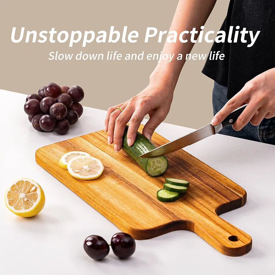 Dim & Dense Natural Wooden Chopping & Serving Board with Handle | 15.75 x 7.68 Inch