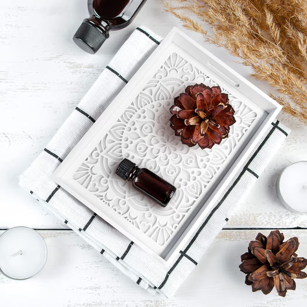 Dim & Dense Premium White MDF Rectangular Decorative Tray | 12 x 15 Inch | Laser Cut Design