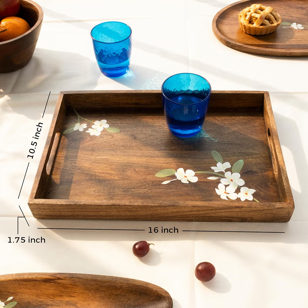 Dim & Dense Premium Walnut Wooden Rectangular Decorative Tray | 12 x 15 Inch | Enamel Finish