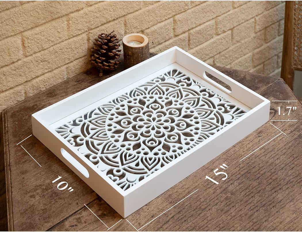 Dim & Dense Premium White MDF Rectangular Decorative Tray | 12 x 15 Inch | Laser Cut Design