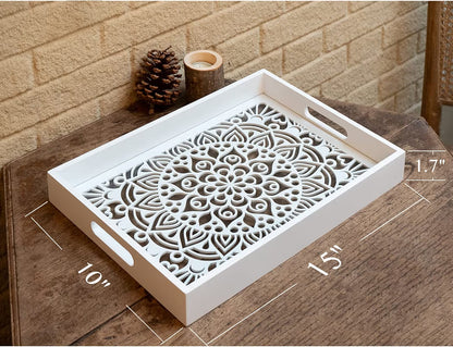 Dim & Dense Premium White MDF Rectangular Decorative Tray | 12 x 15 Inch | Laser Cut Design