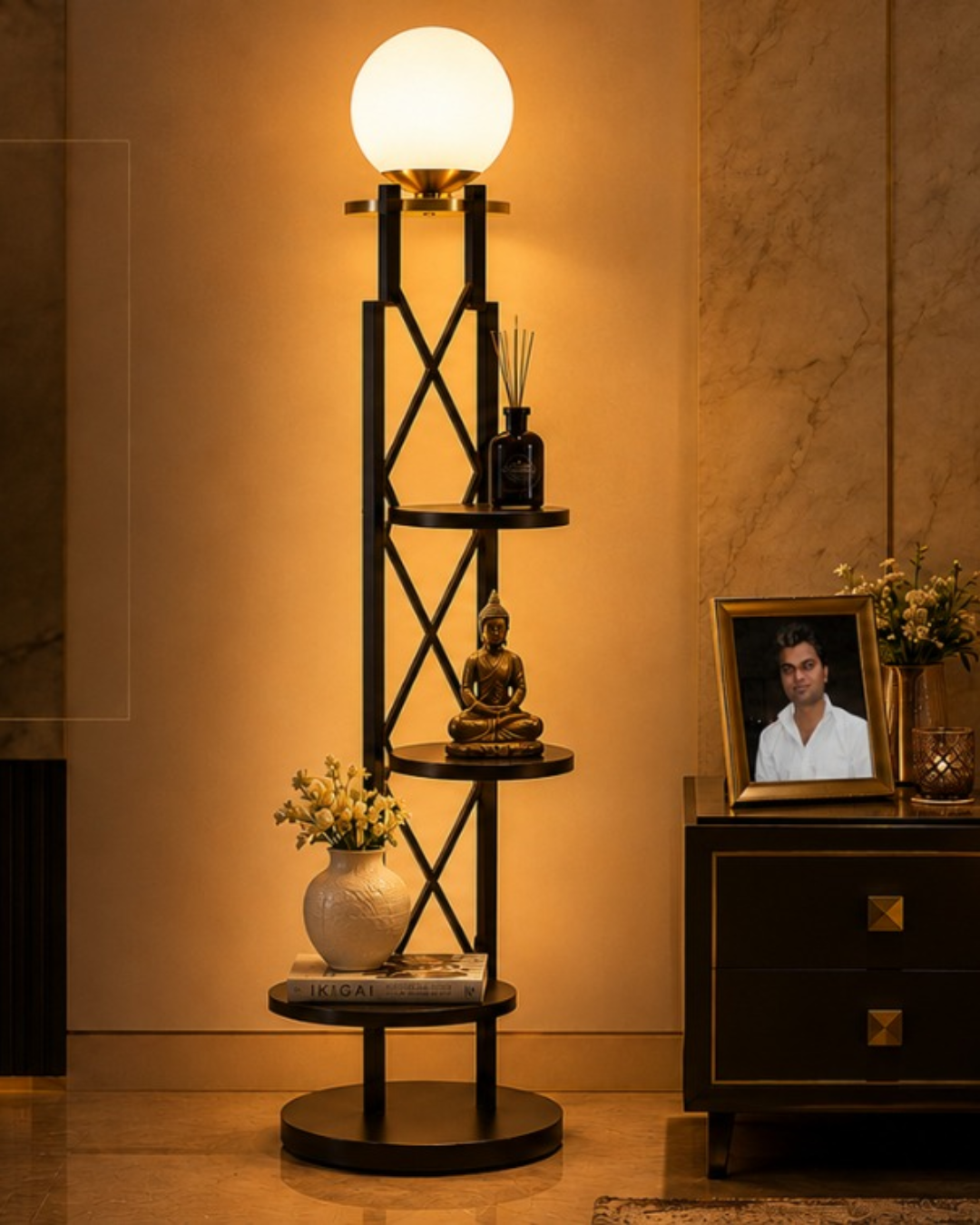 AuraShelf Vertex Floor Lamp with Built-In Display Shelf for Living Room & Bedroom