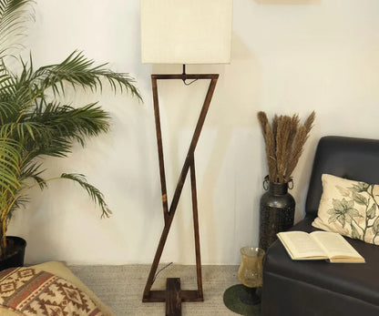 Wooden Floor Lamp with Brown Base and Jute Fabric Lampshade