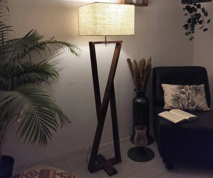 Wooden Floor Lamp with Brown Base and Jute Fabric Lampshade
