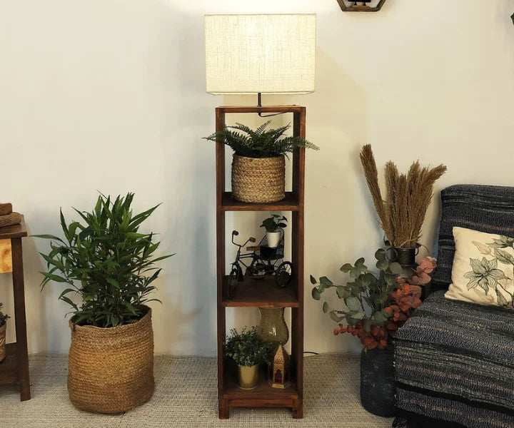 Genevieve Wooden Floor Lamp with Brown Base and Jute Fabric Lampshade