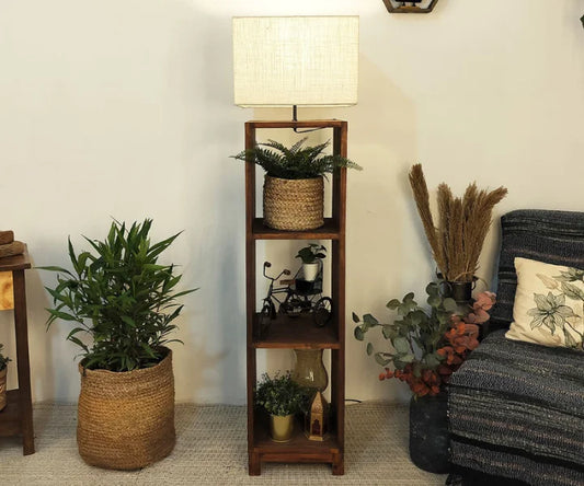 Genevieve Wooden Floor Lamp with Brown Base and Jute Fabric Lampshade